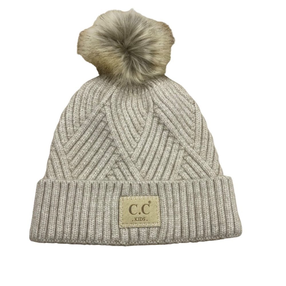 C.C‎ Kids Criss-Cross Faux Fur Pom Pom Beanie Girl Cream One Size Knit Cap Hat